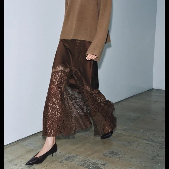 ZARA ZW COLLECTION SATIN EFFECT BROWN LACE SKIRT | ref no. 5919/212/700 - Picture 8 of 14